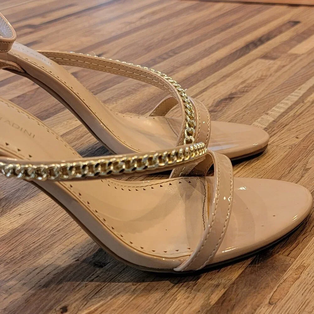 Adrienne Vittadini Chain Detail Faux Patent Leather Ankle Strap Heels